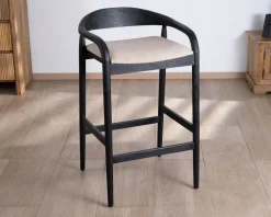 Online Tabouret de bar noir design avec dosseret bois et assise rembourrée 