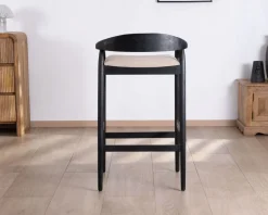 Online Tabouret de bar noir design avec dosseret bois et assise rembourrée 