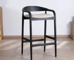 Online Tabouret de bar noir design avec dosseret bois et assise rembourrée 