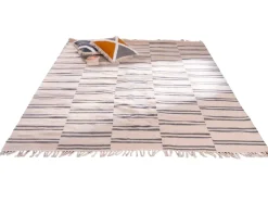 Discount Tapis rectangulaire blanc avec franges et rayures bleues "Ethnic" 120x180 cm Décoration