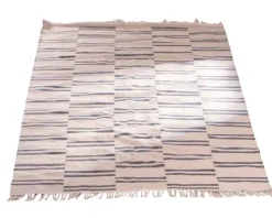 Discount Tapis rectangulaire blanc avec franges et rayures bleues 