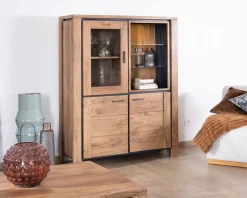 Outlet Vaisselier contemporain acacia massif relief noir 3 portes et niche avec étagères verres "Fantaisie" Vaisselier