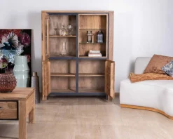 Outlet Vaisselier contemporain acacia massif relief noir 3 portes et niche avec étagères verres "Fantaisie" Vaisselier