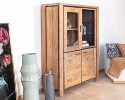 Outlet Vaisselier contemporain acacia massif relief noir 3 portes et niche avec étagères verres 