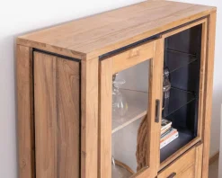Outlet Vaisselier contemporain acacia massif relief noir 3 portes et niche avec étagères verres 