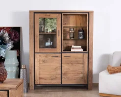 Outlet Vaisselier contemporain acacia massif relief noir 3 portes et niche avec étagères verres 