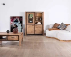 Outlet Vaisselier contemporain acacia massif relief noir 3 portes et niche avec étagères verres 