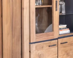 Outlet Vaisselier contemporain acacia massif relief noir 3 portes et niche avec étagères verres 
