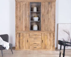 New Vaisselier contemporain 180 cm en manguier avec porte centrale vitrée 