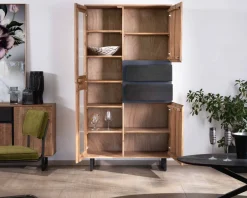 Online Vaisselier contemporain en acacia avec portes vitrées et tiroirs noirs "Bennett" Vaisselier|Buffet Et Bahut