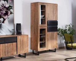 Online Vaisselier contemporain en acacia avec portes vitrées et tiroirs noirs 