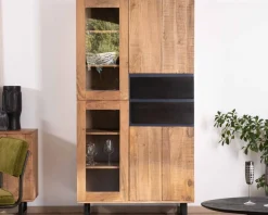 Online Vaisselier contemporain en acacia avec portes vitrées et tiroirs noirs 