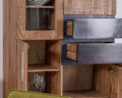 Online Vaisselier contemporain en acacia avec portes vitrées et tiroirs noirs 