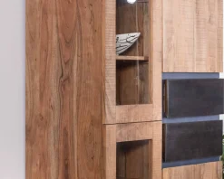 Online Vaisselier contemporain en acacia avec portes vitrées et tiroirs noirs 
