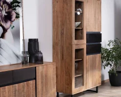 Online Vaisselier contemporain en acacia avec portes vitrées et tiroirs noirs 