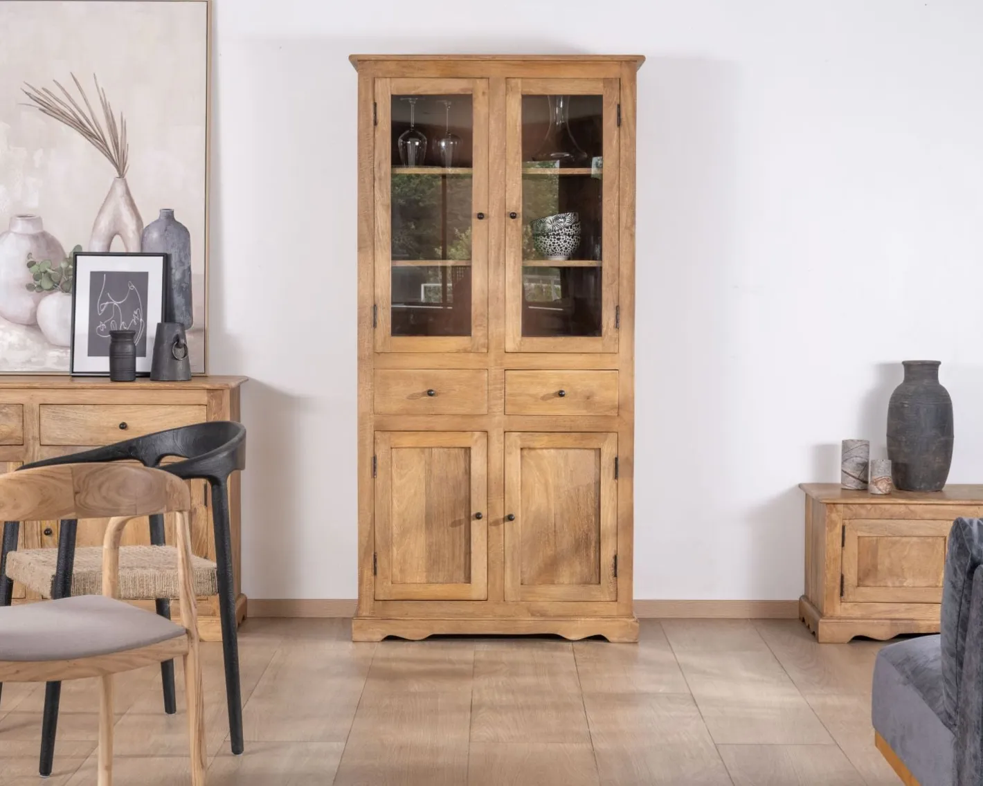 Hot Vaisselier style maison de campagne en manguier avec portes vitrées "Sarah" Vaisselier|Vitrine Et Argentier